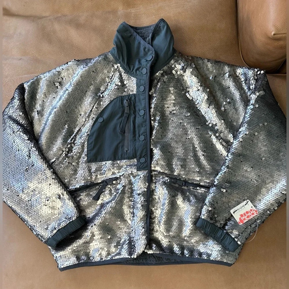 Free People Movement Hit The Slopes Sequin Jacket, Silver, X-Small, MSRP $298 - Picture 3 of 14